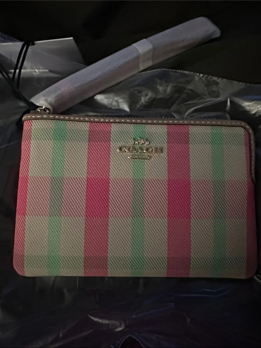 Coach Pink & Mint Plaid Zip Wristlet